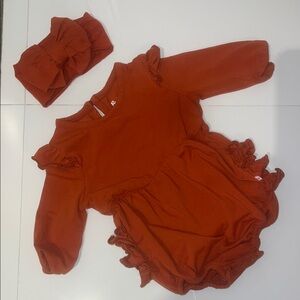RuffleButts Long Sleeve Knit Bubble Romper with matching bow headband in rust